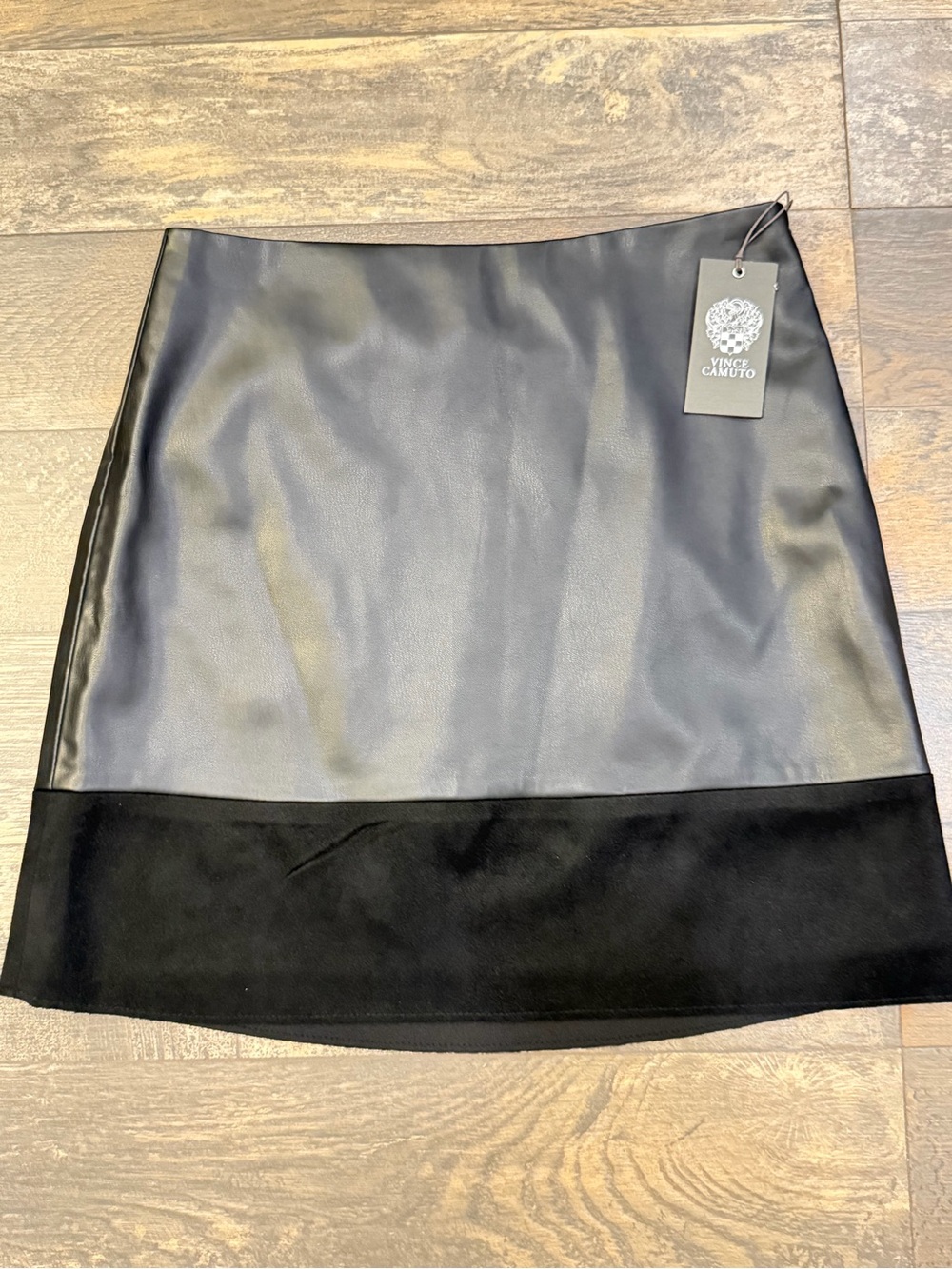 Vince Camuto Black Faux-Leather Mini Skirt with Black Suede Hem